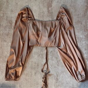 Emory Park Cropped Rose Gold Silk Long-Sleeve Top